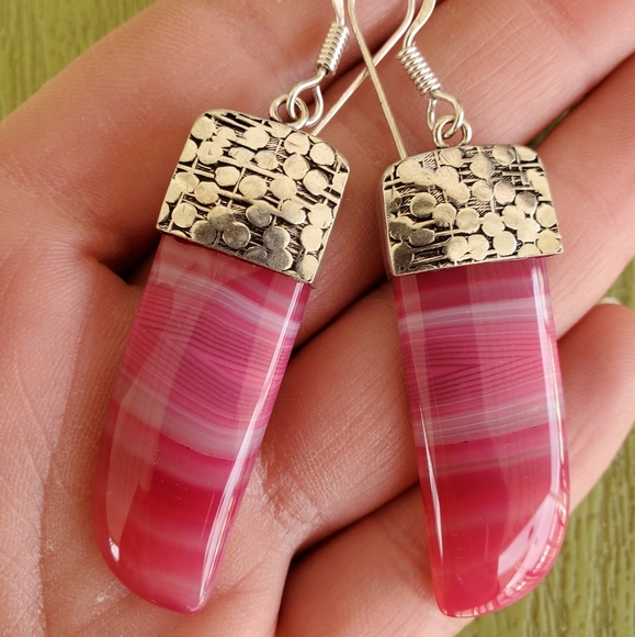 New Pink Striped Banded Agate 925 Silver Earrings - Picture 5 of 5